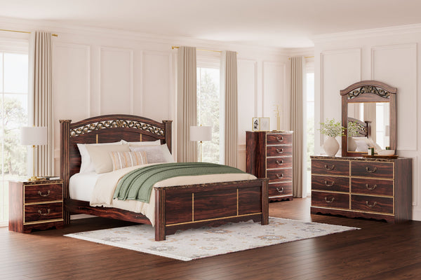 Timeless and classic, this bedroom set offers a grand design accented with rich hues and eye-catching details. Stately from every angle, its sophisticated elements blend together to display your love of traditional aesthetics. Glossy reddish/brown finish 