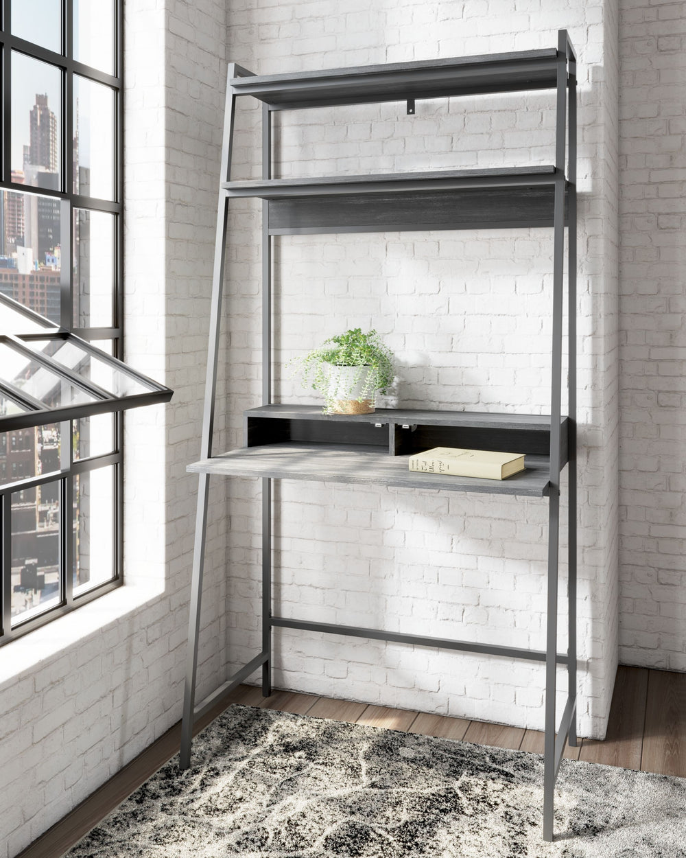Elevate your home office with this simply sensational desk and shelf. Pairing a dark wood grain look with a black metal frame for modern appeal, the minimalistic desk provides a convenient work surface with incorporated cubby shelves (with cutout for wire