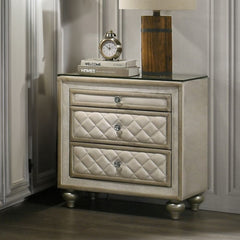 Box Spring Required Button Tufted Padded Headboard LED Included (Headboard & Mirror) Drawer: Side Metal Drawer Glide, Dovetail Drawer Included, 3/4 Extension, Safety Stop Included Glass Top Nightstand & Dresser Wooden Legs