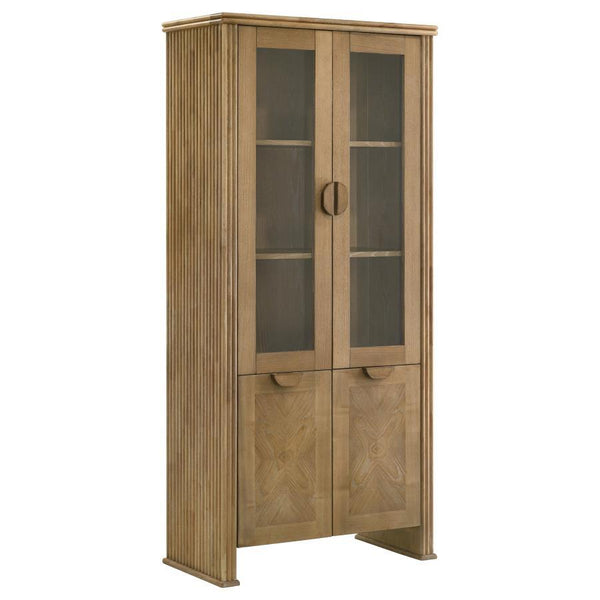 Elevate your dining room with this tall sideboard that exudes contemporary flair, finished in pearly almond. Showcasing tempered glass framed doors and adjustable shelves, it offers a streamlined solution for tableware storage or displaying glassware. Bel