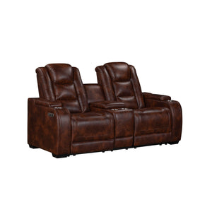 The Chester Power Reclining Console Loveseat in brown blends modern style with exceptional comfort and functionality. Constructed with hardwood and plywood interior frames and robust motion mechanisms, this loveseat is built to last, supporting up to 350 