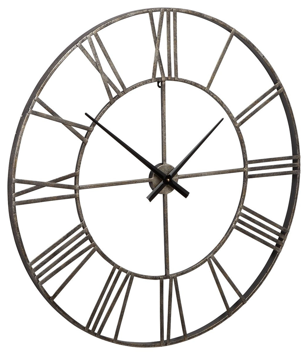Casual style meets practical function with this wall clock. Roman numerals are easy to read on the sleek metal frame in an antiqued silver finish. Keeping track of time has never been so stylish.<br/><br/><b>Product Features</b><ul><li>Metal frame</li><li