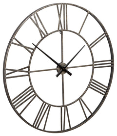 Casual style meets practical function with this wall clock. Roman numerals are easy to read on the sleek metal frame in an antiqued silver finish. Keeping track of time has never been so stylish.<br/><br/><b>Product Features</b><ul><li>Metal frame</li><li