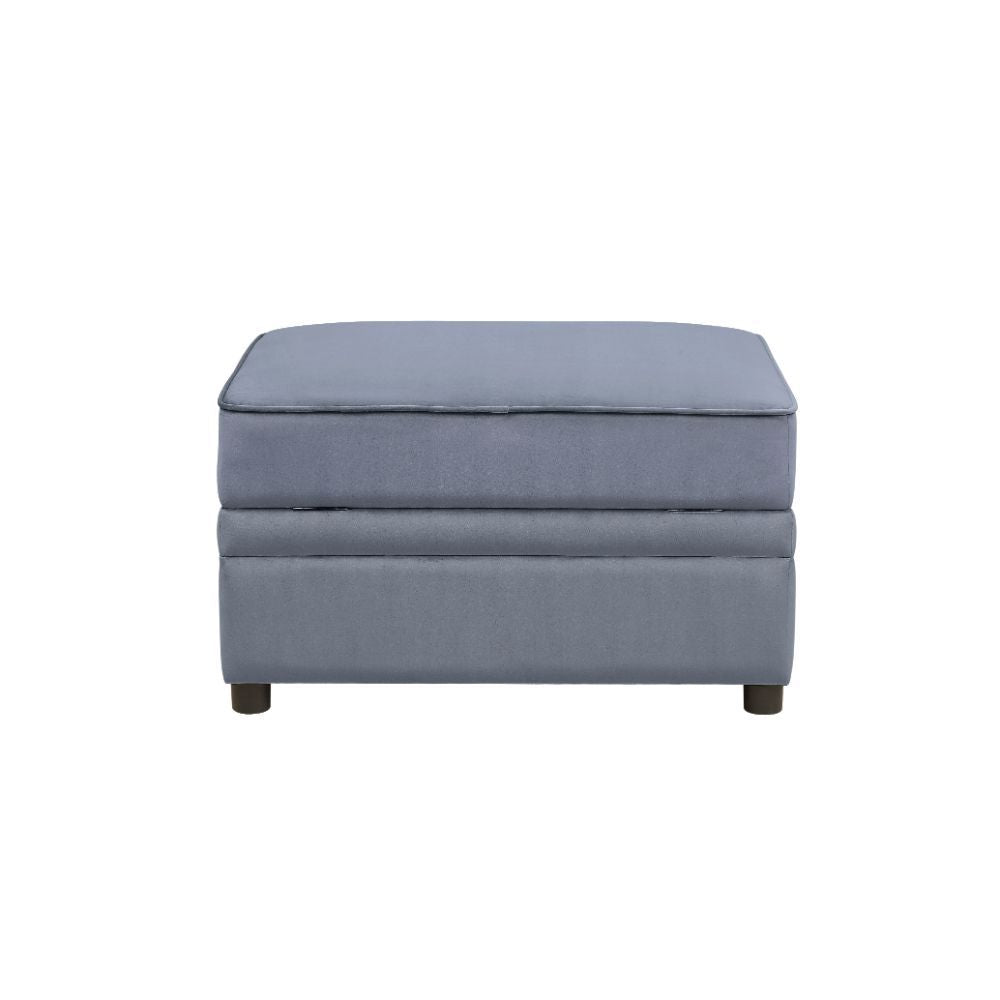 Rectangular Ottoman w/Storage (Backless) â€¢ Storage: Lift Lid-Seat (Safety Hinge) â€¢ Padded Seat/Base â€¢ Construction: Inside Frame Wood, Foam, Box Seat Cushion w/Welt Trim, Seat Cushion: 7 Inches H â€¢ Material: Gray Velvet (Solid Pattern) â€¢ Plastic