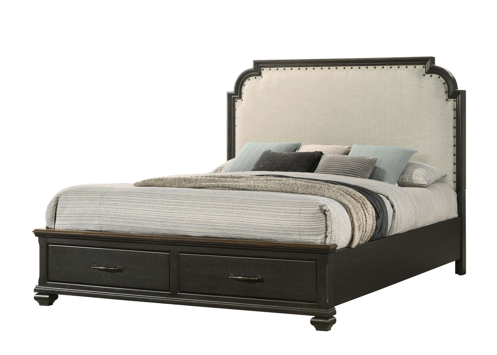 This bedroom set exudes a classic charm with a contemporary twist, highlighted by its elegant charcoal finish and stately silhouette. The centerpiece, a bed with a gracefully arched headboard, is detailed with nailhead trim, adding a touch of sophisticati