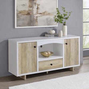  it embodies relaxed style with a two tone finish that features a white frame and wood grain doors and drawer front. Its melamine finish is durab