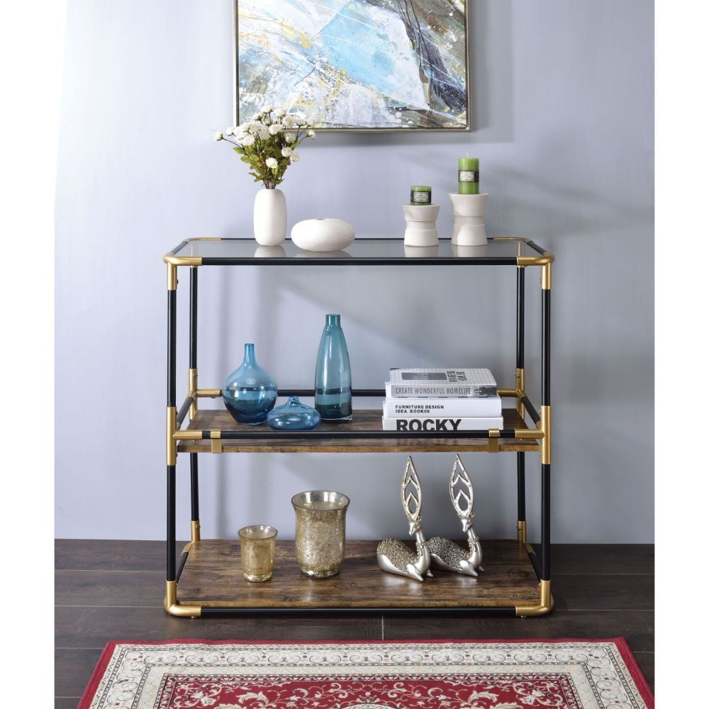 KD, Rectangular Console Table Storage: 2 Open Compartments (2 Wooden Shelf/Open Back) CONSTRUCTION Glass Top: 5mm Smoky Tempered Glass, NOT Beveled (No Apron) Wood Shelf: Paper Laminate, MDF 18mm Metal Straight Leg (Etagere Frame): Black & Gold Finish, Ro