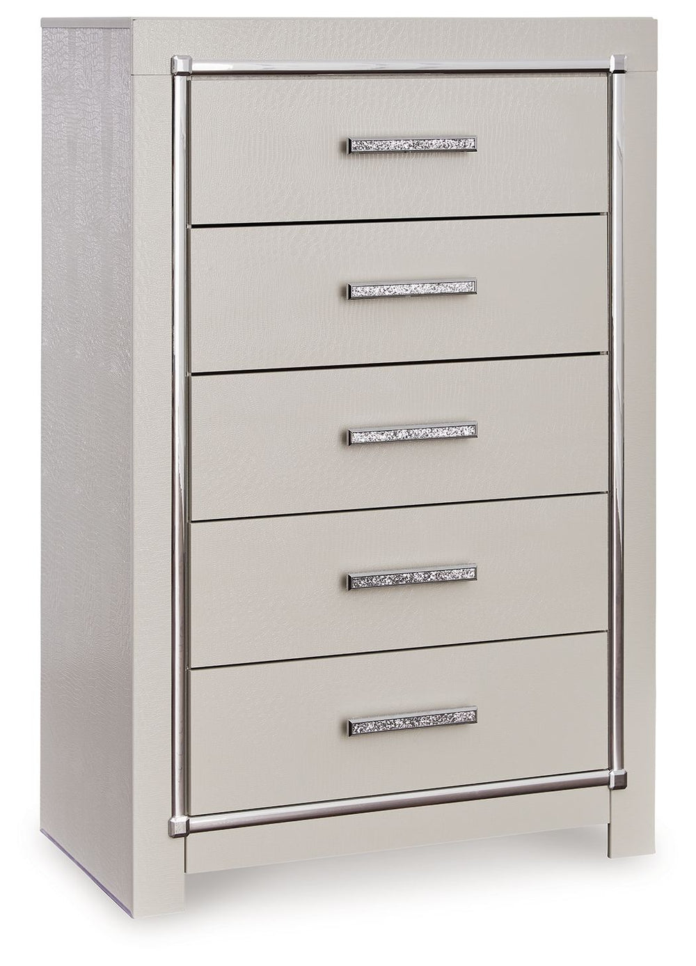 Bright, bold luxury. This chest of drawers dazzles with its attention to detail. Your love of glamorous style is reflected in its all-over faux gator in a metallic finish, exquisitely paired with faceted chrome-tone details. Complete with smooth-gliding s