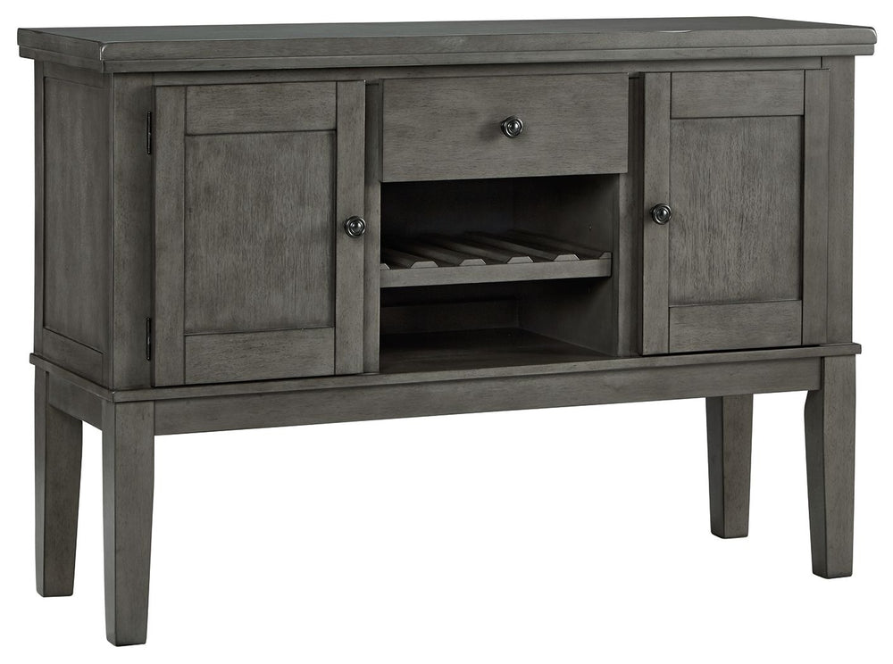 Cool and on-trend. This versatile server sports an antiqued gray color for a contemporary-yet-casual feel. The server features two cabinets, a smooth-gliding drawer and an open cubby with a wine rack, making it a breeze to clear away clutter and expand yo