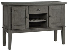 Cool and on-trend. This versatile server sports an antiqued gray color for a contemporary-yet-casual feel. The server features two cabinets, a smooth-gliding drawer and an open cubby with a wine rack, making it a breeze to clear away clutter and expand yo