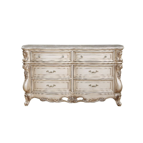 The Gorsedd dresser is exclusively designed and filled with romantic spirit. Expertly detailed, the dresser is crafted with romantic elements combining Queen Anne legs and ornate floral accents in matching antique finish. Add glamorous French provincial c