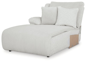 This left-arm facing power reclining back chaise is made with polyester upholstery. Pairs with other items in the series to make a sectional.<br><br><b>Additional Dimensions</b><br><ul><li>Leg height: 2.25-"</li><li>Minimum width of doorway for delivery: 