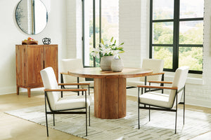 Urban Contemporary design. Made with solid Shesham wood, veneer and MDF substrate. Finished in a clear natural wood tone to enhance the rich natural beauty of the wood. Round dining table features a thick solid wood top set on a sturdy round pedestal for 