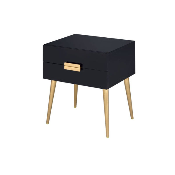The Denvor end table brings a retro style with a classy feel. This table black rectangular top featuring gold finished legs, accented by a matching gold drawer pull. This table is perfect addition to any living room, bedroom, or hall way to add a stylish 