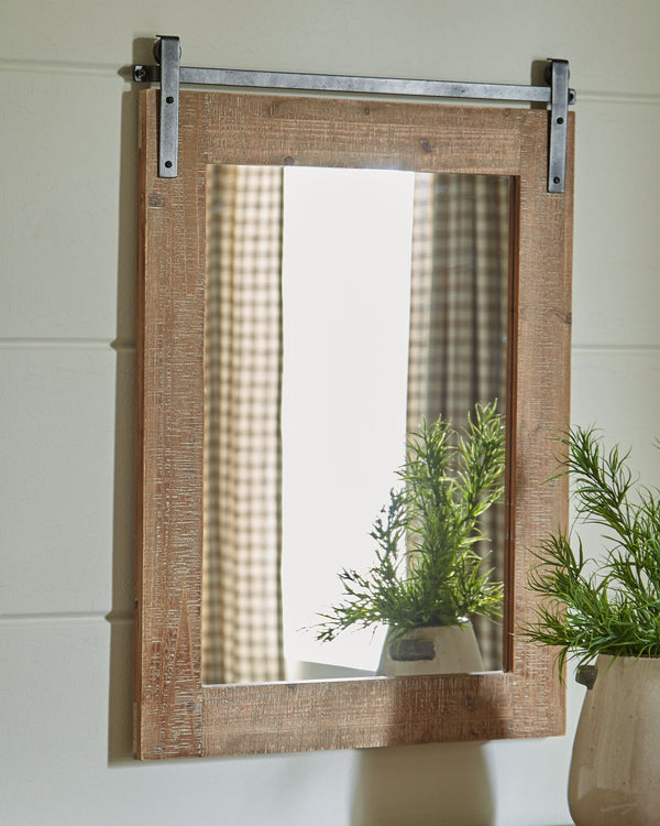  this accent mirror features a black finished metal faux barn door track adding a touch of warmth to any space.<br><br>