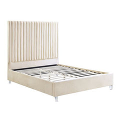 Dream in style and comfort with the Edzia bed. The on-trend channel tufting and glam acrylic legs are sure to give your bedroom that chic and stylish feel you are looking for. The neutral beige velvet upholstery will be the perfect blank canvas for any ro