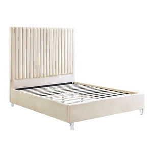 Dream in style and comfort with the Edzia bed. The on-trend channel tufting and glam acrylic legs are sure to give your bedroom that chic and stylish feel you are looking for. The neutral beige velvet upholstery will be the perfect blank canvas for any ro