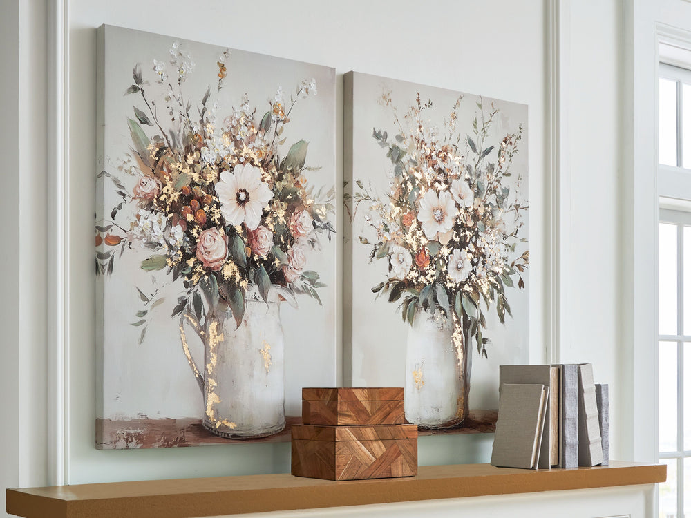 This wall art set is a perfect pairing for casual spaces. Making the most of wonderfully muted shadesâ€”with a touch of gold foil embellishmentâ€”the images of floral arrangements in pitchers exude a welcome vibe. These gallery wrapped canvases add fresh 