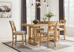 This dining package is a favorite for casual rustic interiors. Casual Rustic design. Made with Rubberwood solids, distressed Pine veneers and MDF substrates. Distressed light brown Pine finish. Counterheight extension table with two center leaves, can sit