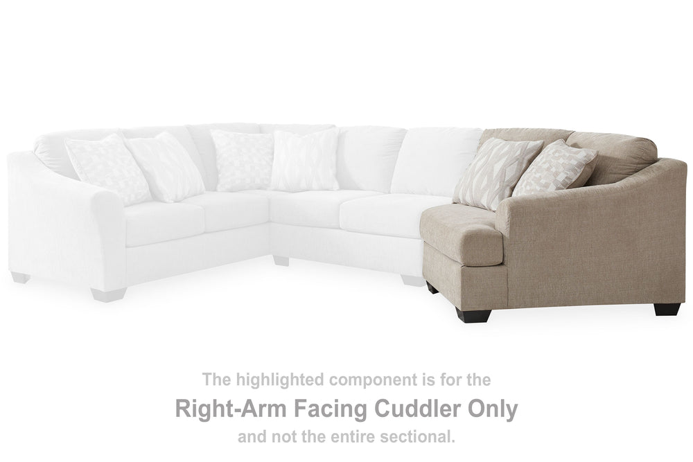 This right-arm facing cuddler is made with polyester upholstery. Pairs with other items in the series to make a sectional.<br><br><b>Additional Dimensions</b><br><ul><li>Arm height: 26-"</li><li>Seat depth: 32-"</li><li>Seat height: 21-"</li><li>Top of cu