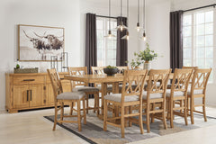 This dining package is a favorite for casual rustic interiors. Casual Rustic design. Made with Rubberwood solids, distressed Pine veneers and MDF substrates. Distressed light brown Pine finish. Counterheight extension table with two center leaves, can sit