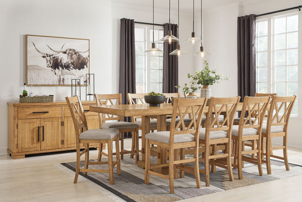 This dining package is a favorite for casual rustic interiors. Casual Rustic design. Made with Rubberwood solids, distressed Pine veneers and MDF substrates. Distressed light brown Pine finish. Counterheight extension table with two center leaves, can sit