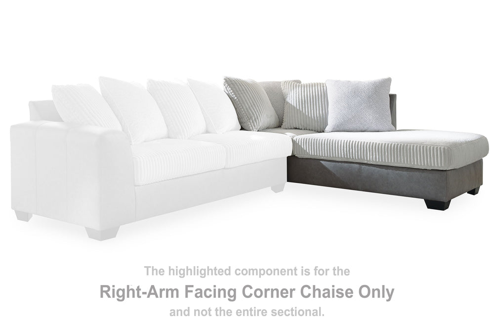 This right-arm facing corner chaise is made with polyester and faux leather upholstery. Pairs with other items in the series to make a sectional.<br><br><b>Additional Dimensions</b><br><ul><li>Seat depth: 74-"</li><li>Seat height: 20-"</li><li>Top of cush