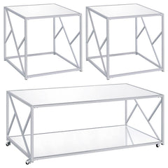 Makeover your living space with a three-piece occasional set. This spectacular set showcases contemporary appeal from all angles, including its contemporary base. Coming with two end tables and one coffee table, your living area will feel complete and sty