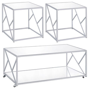 Makeover your living space with a three-piece occasional set. This spectacular set showcases contemporary appeal from all angles, including its contemporary base. Coming with two end tables and one coffee table, your living area will feel complete and sty