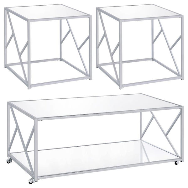 Makeover your living space with a three-piece occasional set. This spectacular set showcases contemporary appeal from all angles, including its contemporary base. Coming with two end tables and one coffee table, your living area will feel complete and sty
