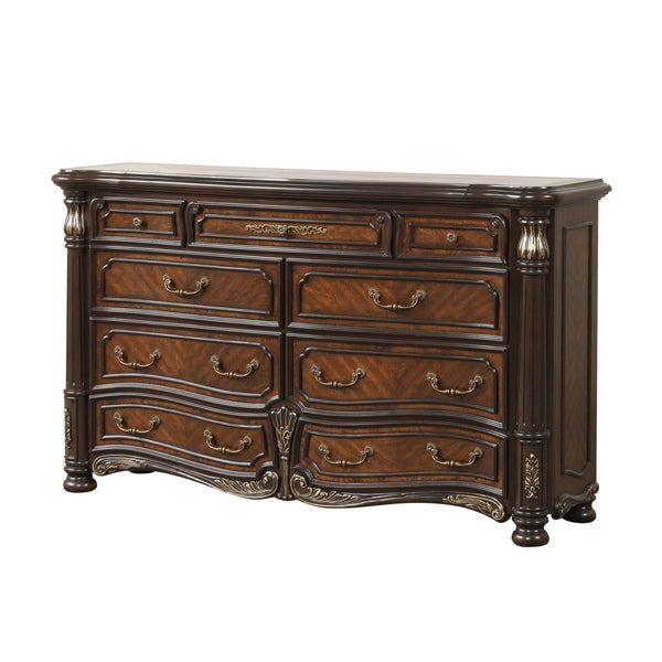 The Bella Notte 9 Drawer Dresser in mahogany brown combines exquisite wood craftsmanship with timeless design. This dresser, ideal for any bedroom, is crafted from a blend of solid poplar, manufactured woods, and birch and burl wood veneers. The multi-ste