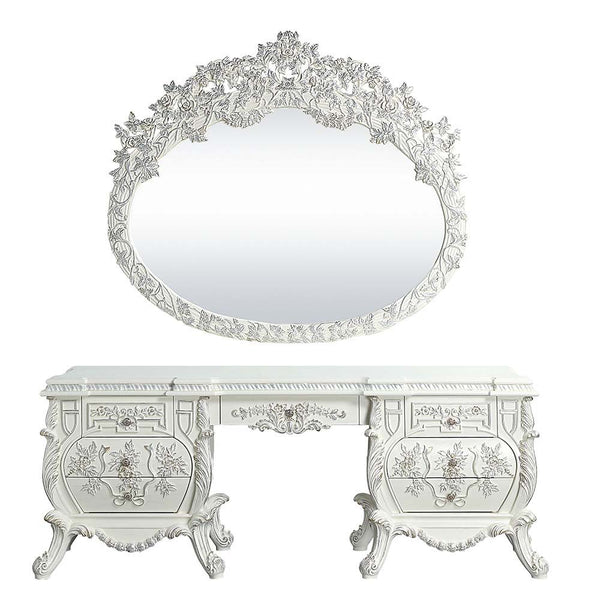  and lustrous finishes are all included in the Vanaheim Bedroom Collection. Extravagant scroll floral design with gold trim accent creates classic appeal and timeless silhouettes. Button tufted headboard and footboard 
