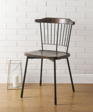 The Orien Side Chair will complete your dining area. This dining chair features a vintage-industrial look but incorporates contemporary elements as well. The slatted metal and wood trimmed chair back express an airiness while the wood seat conveys warmth.