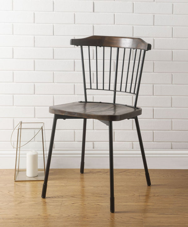 The Orien Side Chair will complete your dining area. This dining chair features a vintage-industrial look but incorporates contemporary elements as well. The slatted metal and wood trimmed chair back express an airiness while the wood seat conveys warmth.