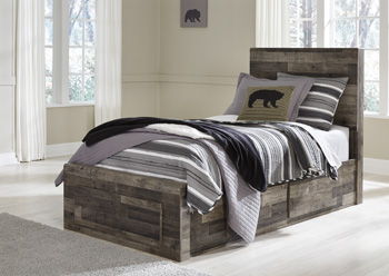 Modern yet hefty. This twin panel bed with storage makes an urban eclectic statement. Seasoned raw wood look merges with the clean lined design we love today. Muted rustic finish over replicated pine grain maintains its authenticity for a beauteous look. 