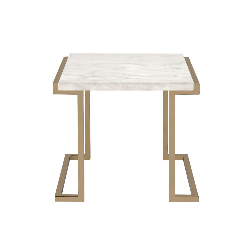 The Boice II occasional table set features a trending combination of sleek and contemporary style, with faux marble top and champagne finish metal base. The modern lines of the base with its open return base and simple form top, make for an modern feel an