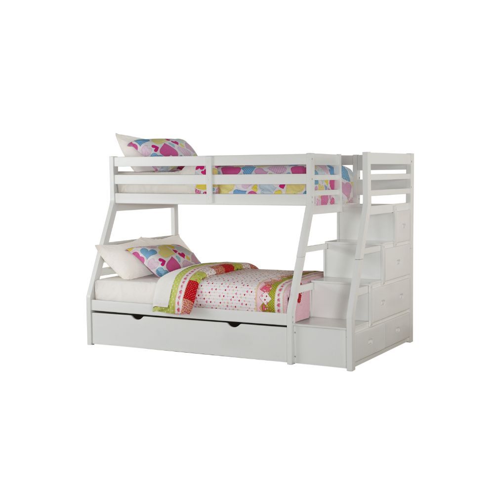 This Jason bunk bed is a twin over full bunk bed with plenty of built in storage with drawers incorporated into the stairs to upper twin bed. An additional trundle pull out bed under the lower full bed creates more space for extra use. A full guard rail w