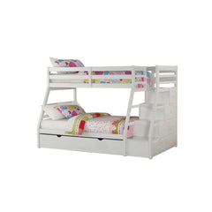 This Jason bunk bed is a twin over full bunk bed with plenty of built in storage with drawers incorporated into the stairs to upper twin bed. An additional trundle pull out bed under the lower full bed creates more space for extra use. A full guard rail w