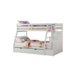 This Jason bunk bed is a twin over full bunk bed with plenty of built in storage with drawers incorporated into the stairs to upper twin bed. An additional trundle pull out bed under the lower full bed creates more space for extra use. A full guard rail w