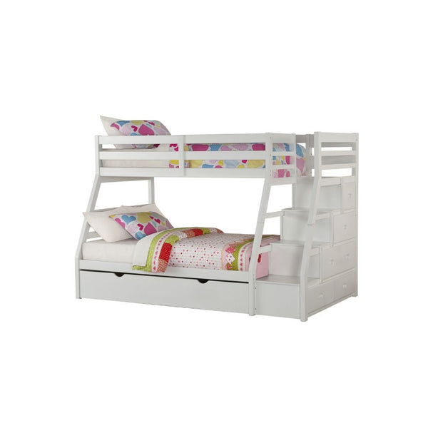 This Jason bunk bed is a twin over full bunk bed with plenty of built in storage with drawers incorporated into the stairs to upper twin bed. An additional trundle pull out bed under the lower full bed creates more space for extra use. A full guard rail w