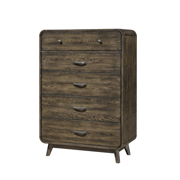 The Rex 5 Drawer Chest in Walnut Brown is a blend of durability and mid-century modern style, perfect for enhancing your bedroom decor. This chest includes five drawers and is crafted from solid rubberwood, manufactured woods, and oak veneers, ensuring su