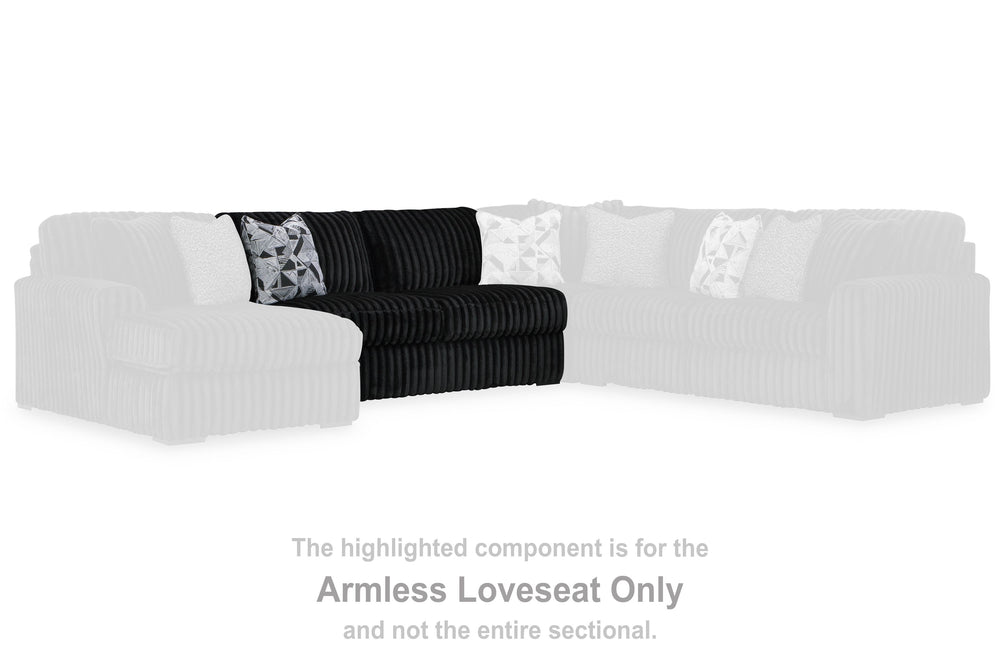 This armless loveseat is made with polyester upholstery. Pairs with other items in the series to make a sectional.<br><br><b>Additional Dimensions</b><br><ul><li>Seat depth: 36-"</li><li>Seat height: 33-"</li><li>Top of cushion to top of back: 29-"</li><l