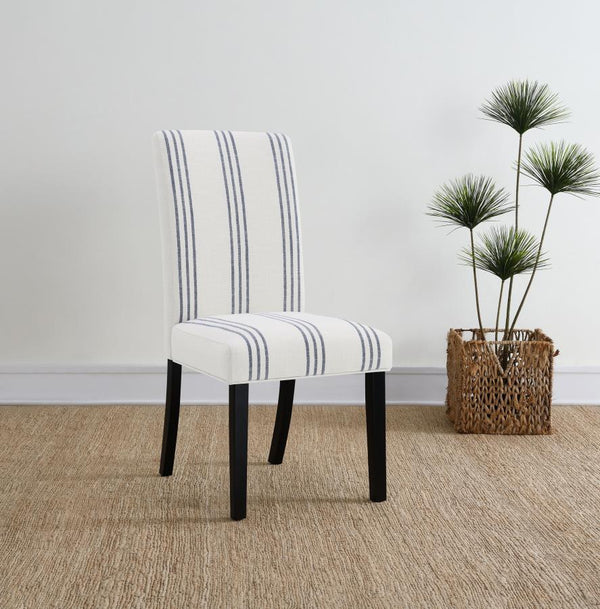  making it a versatile addition to dining spaces. Upholstered in a linen-like beige fabric with subtle blue stripes