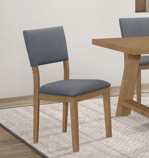  while the blue linen-like fabric upholstery creates a vibrant and eye-catching