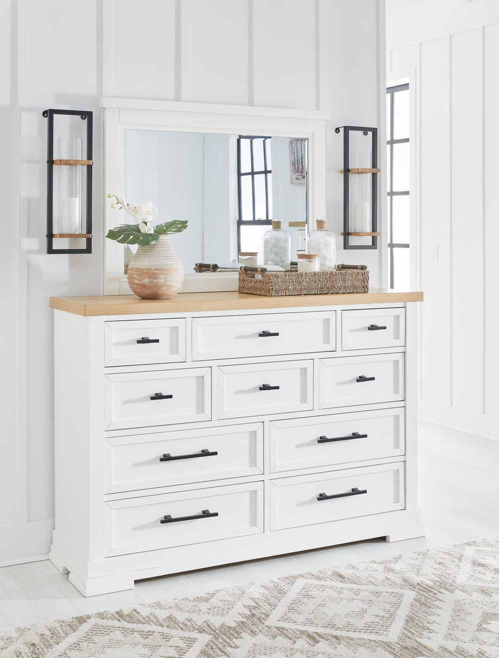 Ashbryn - 7 Pc. - Dresser, Mirror, King Panel Storage Bed, 2 Nightstands - White / Natural