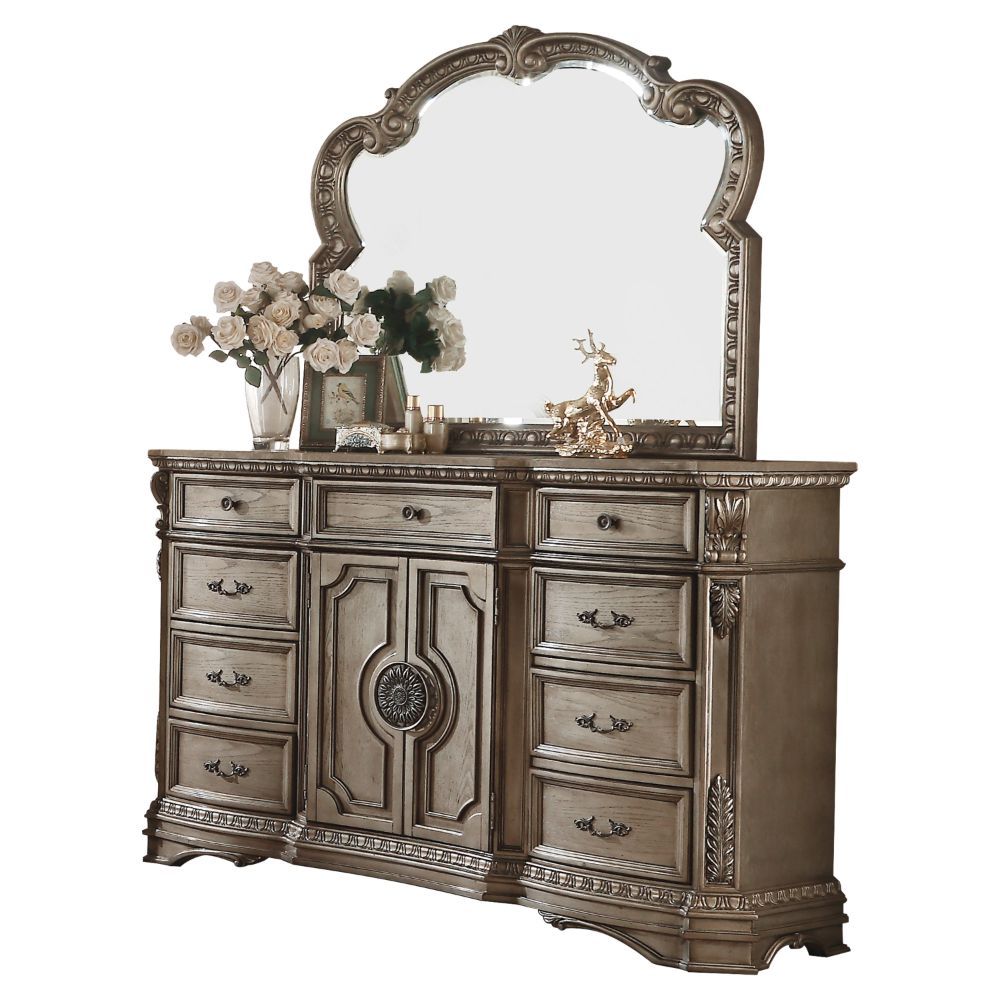 Arched Mirror with Carved Molding Trim (Poly-Resin) 5mm Mirror with 20mm Beveled Edge<br/><br/><b>Product Features</b><ul><li>Box Spring Required</li><li>Panel Bed: Padded HB</li><li>Arched HB: Button Tufted, Nailhead Trim</li><li>Raised Scrolled Motifs (