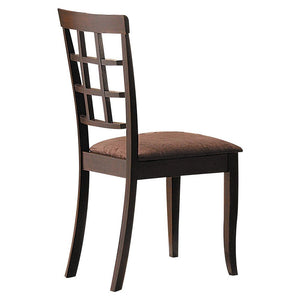  these espresso 2 side chairs have sleek square tapered legs and high back with an open grid pattern for a distinctive style. A padded seat covered in soft dark brown microfiber adds to the