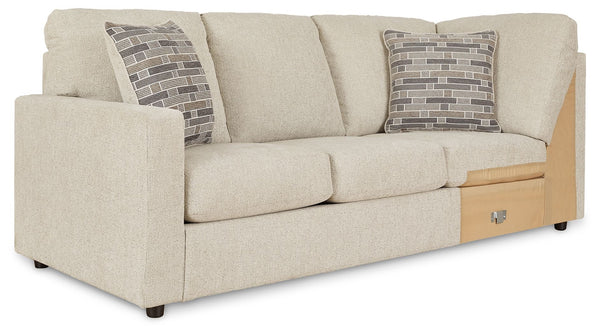 This left-arm facing sofa with corner wedge is made with polyester upholstery. Pairs with other items in the series to make a sectional.<br><br><b>Additional Dimensions</b><br><ul><li>Arm height: 25-"</li><li>Seat height: 19-"</li><li>Top of cushion to to