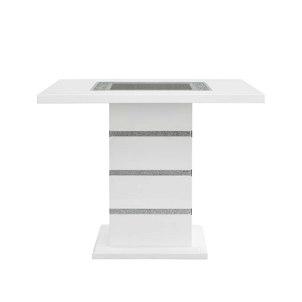  the Elizaveta counter height dining table will fulfill all your dining needs. The white high gloss finish blends in perfectly with the glimmering faux diamond inlay base. The tabletop features silver a