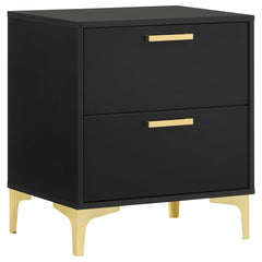 Flank your bedside with this modern glam nightstand. A smooth, boxy frame with a bold, black finish offers a simple, clean aesthetic. Two spacious drawers invite you to keep pajamas, garments, and bed linens close at hand. Fastened to each drawer is a sle